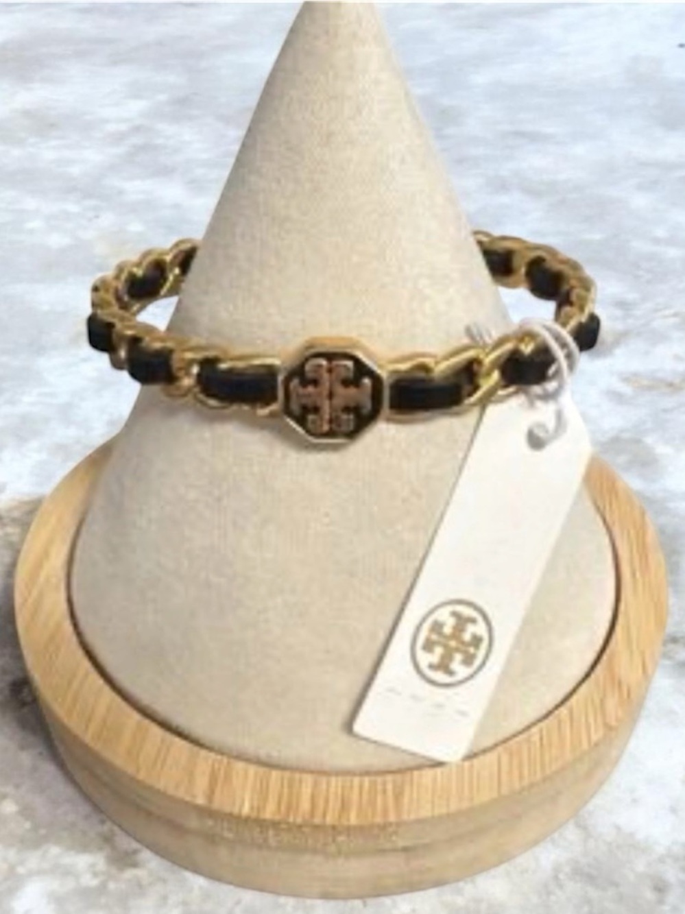 NWT Tory Burch Marion Gold/Black Leather Chain Cuff Bracelet MSRP$175